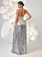 Silver Metallic Asymmetrical Neck Floral Design Slit Maxi Dress